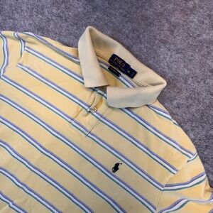 Polo Ralph Lauren Mens XL Custom Fit Striped Polo Shirt Yellow Green Blue Cotton
